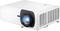 A modern, white projector with a large lens, emitting blue light; suitable for presentations or home cinema.