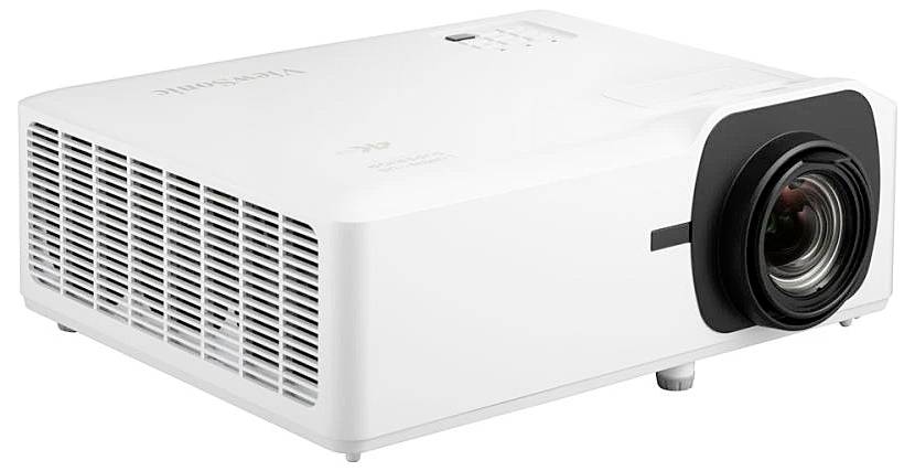 A white projector with ventilation slots on the side and a large lens at the front, suitable for presentations or home cinema.