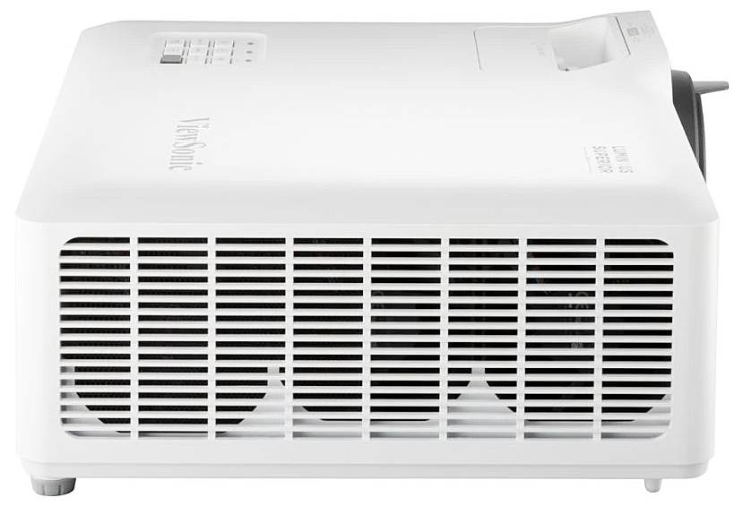 A white multimedia projector viewed from the side, showing ventilation grilles and controls on the top surface.