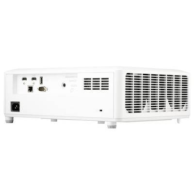 A white projector with multiple connection options, including HDMI, USB and Ethernet, on a white background.