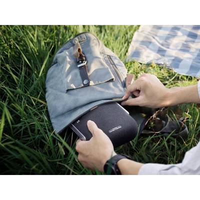 A person is pulling a portable speaker system out of a grey rucksack on a meadow.