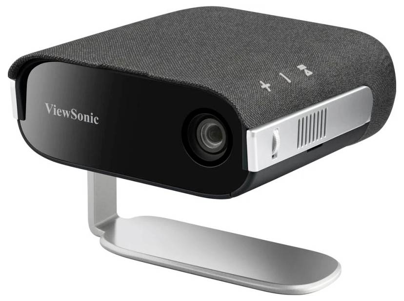 A compact, black ViewSonic projector on a metal stand with control buttons on the top, suitable for home cinema.