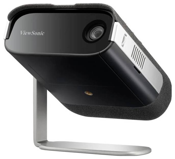 A compact, black ViewSonic projector on a metal stand, suitable for home cinema applications.
