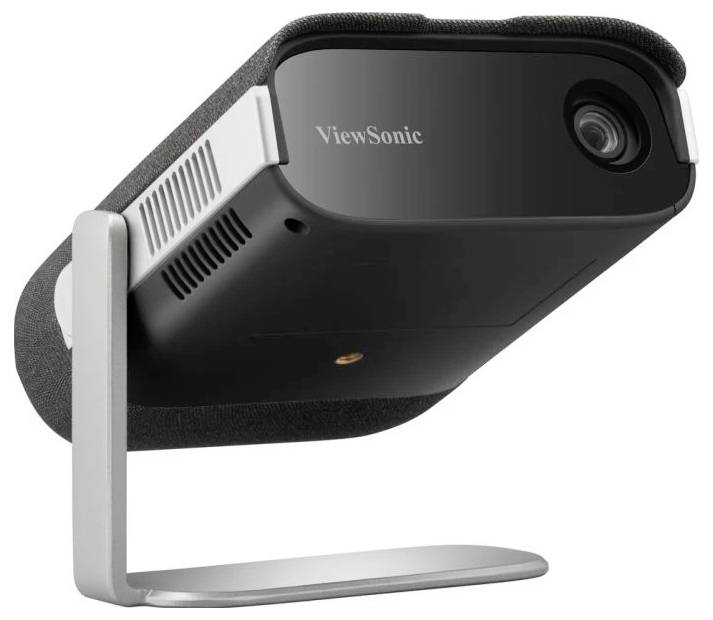 Portable projector by ViewSonic, photographed from an oblique angle from below, mounted on a silver stand.