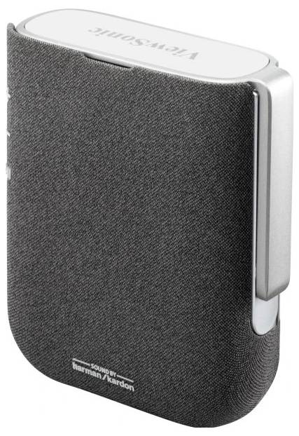 Portable grey projector with a smooth surface, manufactured by ViewSonic and Harman/Kardon.