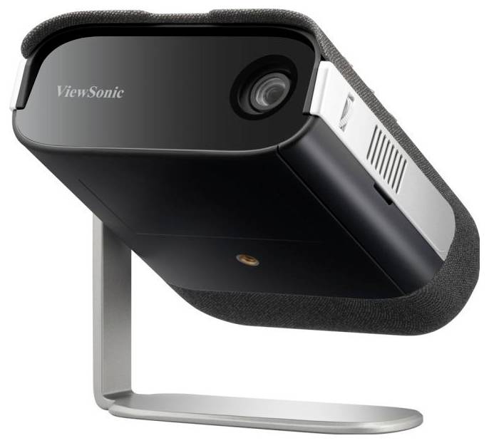A compact, grey projector, mounted on a slender metal stand.