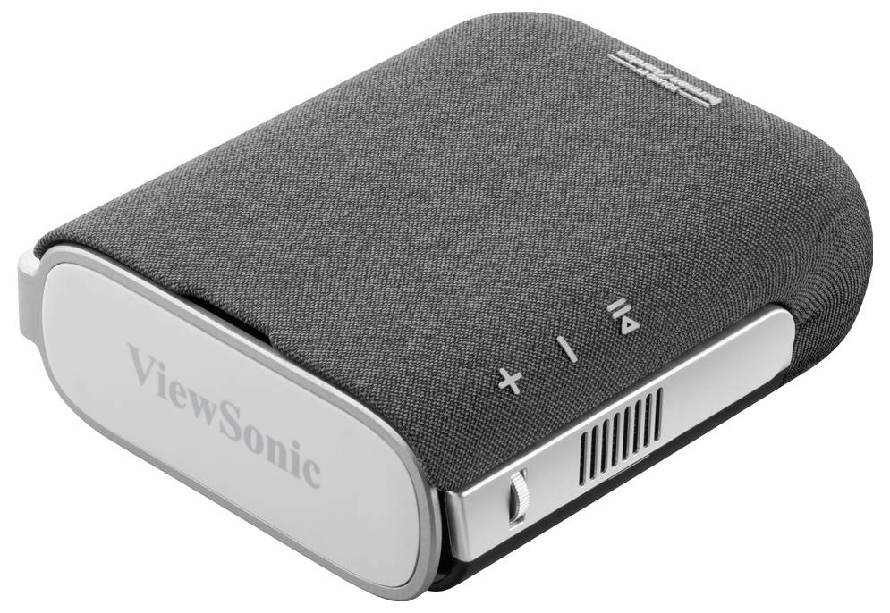 A black, portable projector by 'ViewSonic' with volume and playback buttons on the side.