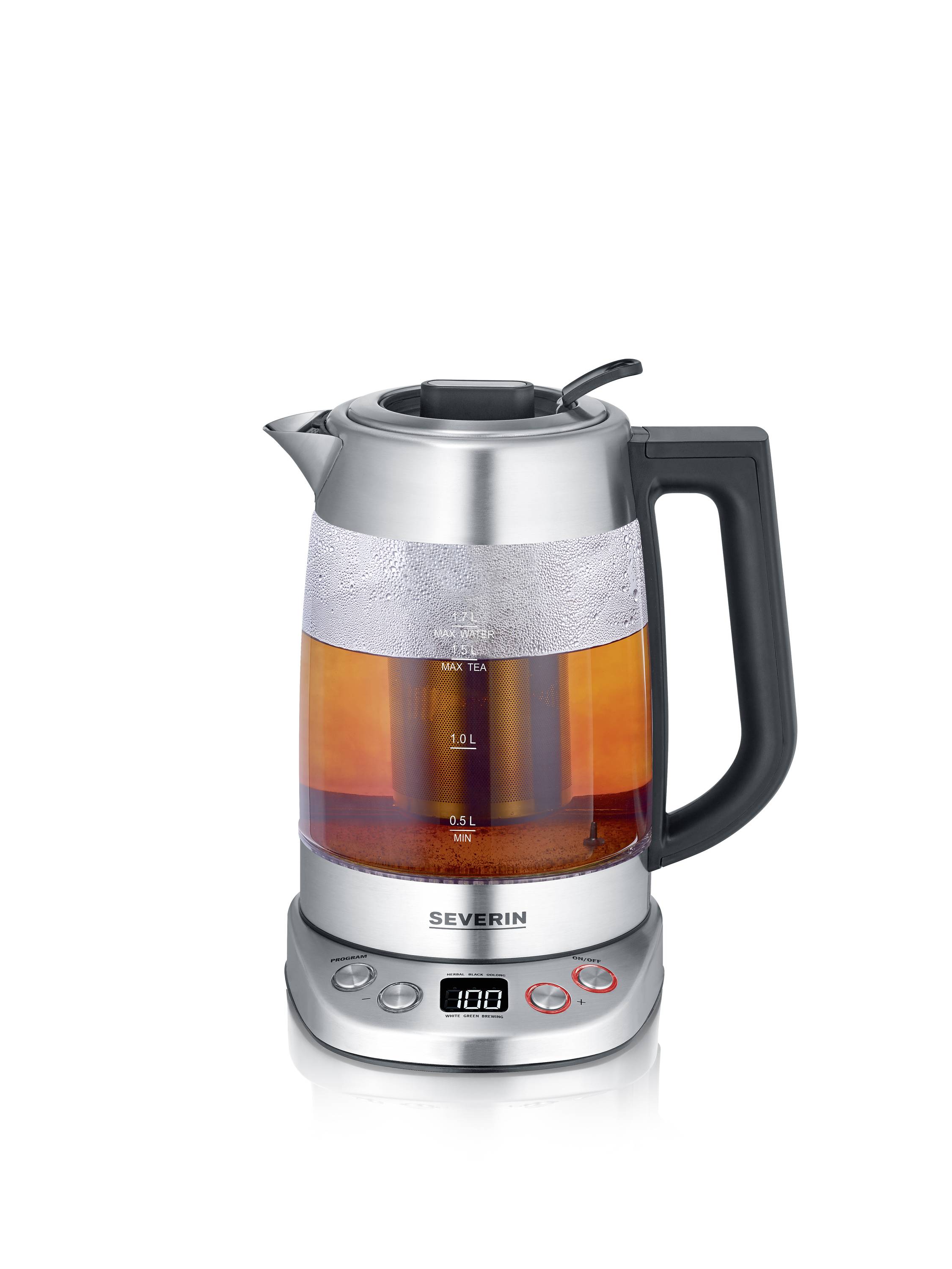 Electric kettle with water level indicator and digital display, showing boiling water in glass container.