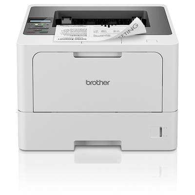 A white Brother printer is currently printing a piece of paper with 'MARKETING' written on it. The printer is situated on a reflective surface.