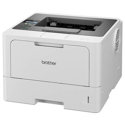 A white laser printer with the brand name "Brother" on the front. The paper output tray is located above it.