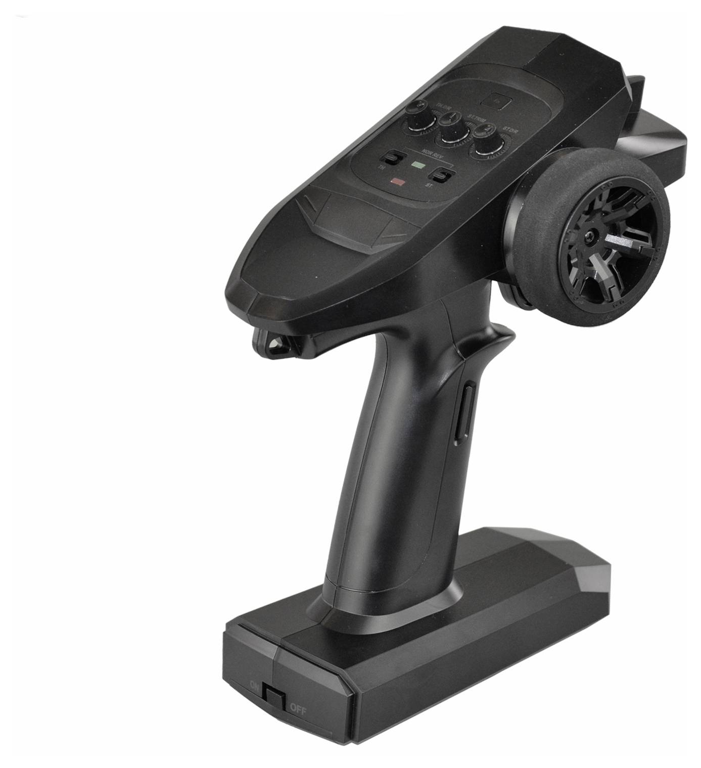 Remote control for model car, black, with steering wheel and multiple buttons on the top surface.