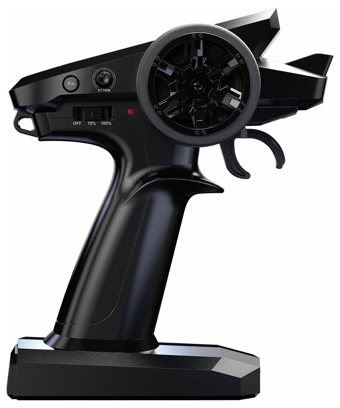 A black remote control with a trigger and several buttons on the top surface. Suitable for operating remote-controlled vehicles.