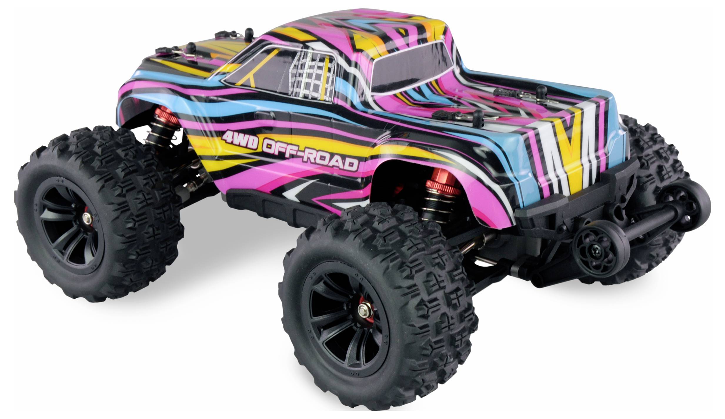 A colourful 4WD off-road toy car with large tyres and a multi-coloured design, suitable for rough terrain.