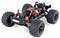 Remote-controlled car with robust tyre tread and red-black shock absorbers, suitable for challenging terrain.