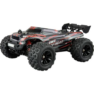 A remote-controlled 4WD off-road model car with large tyres and a red, black and grey design.