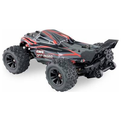 Toy off-road vehicle with robust tyres and red stripes. 4WD Offroad written on the side.