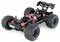 A remote-controlled car without bodywork, revealing wheels, suspension, and electronic components.