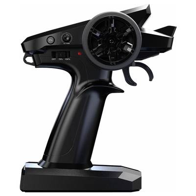 Black remote control with trigger and steering wheel for controlling RC cars. Includes buttons and controls for various settings.