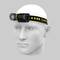 A head torch is worn on the side of a model head. It has an adjustable elastic strap and is suitable for hands-free lighting.