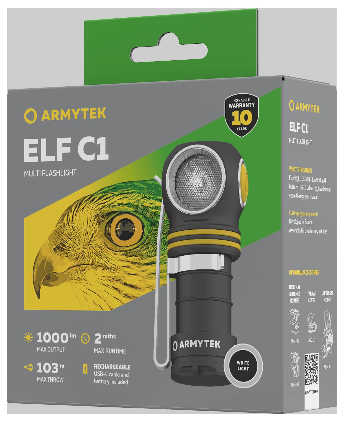 Packaging of the Armytek Elf C1 torch with 1000 lumens, reach of 103 metres, runtime of 2 hours, rechargeable, 10-year warranty.
