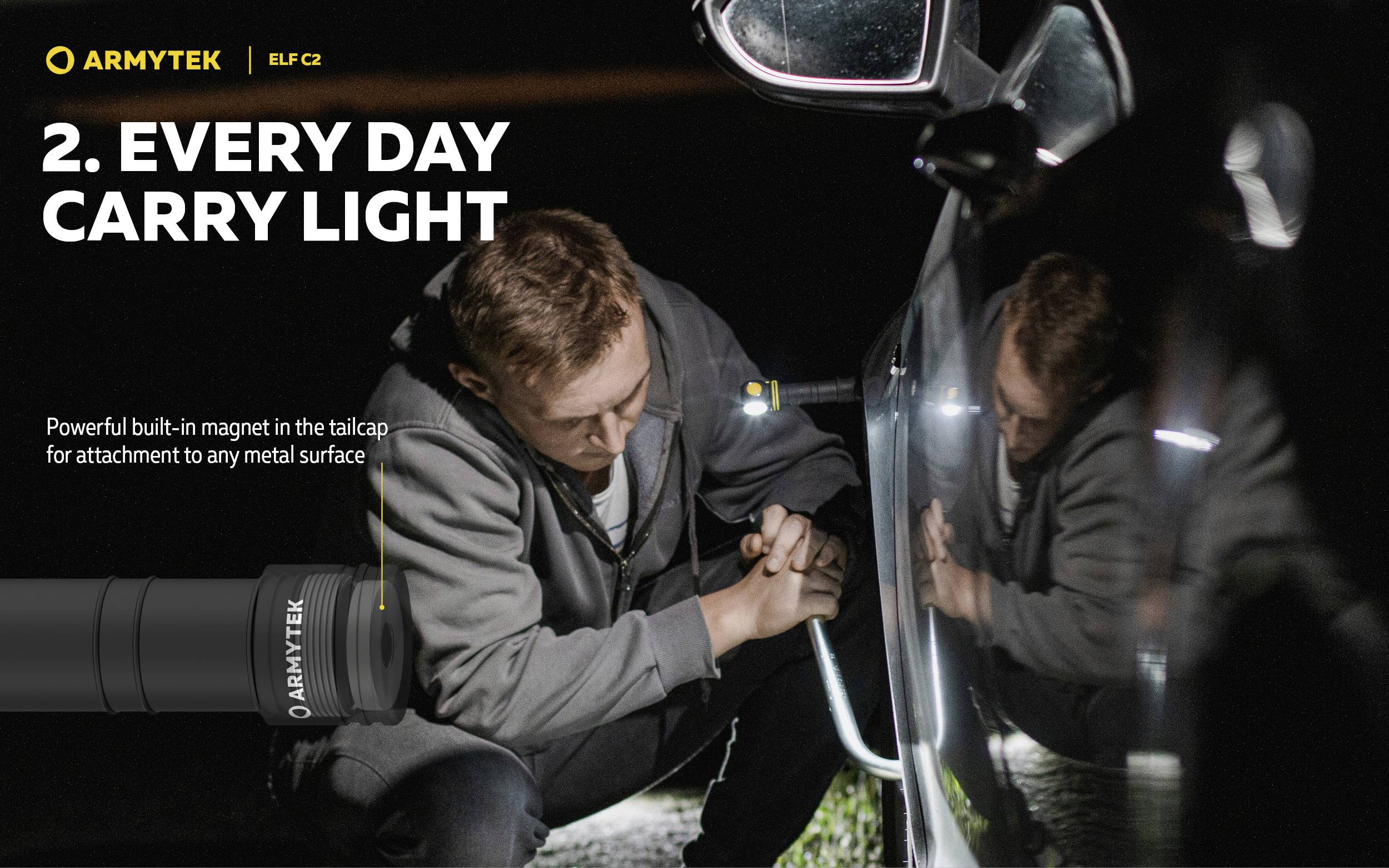 2. Every day carry light. Powerful built-in magnet in the tailcap for attaching to any metal surface.