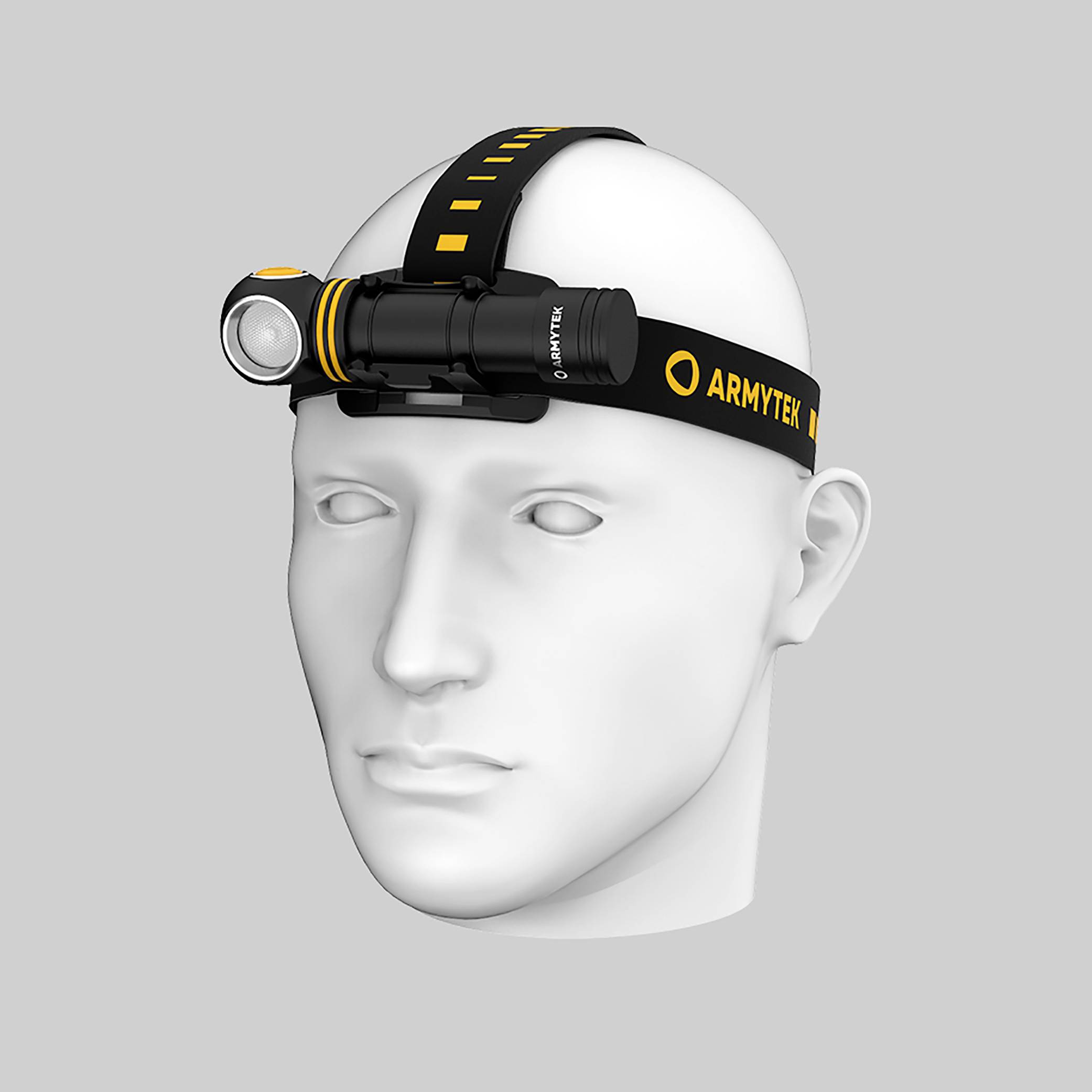 A head torch is mounted on a white model head, illustrating the placement and design of the lamp for outdoor purposes.