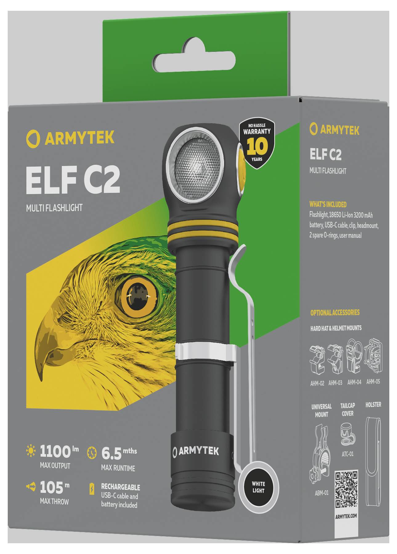 Packaging of the Armytek ELF C2 Torch. Key Features: 1100 lm brightness, 6.5 hrs runtime, 105 m range, 10-year warranty.