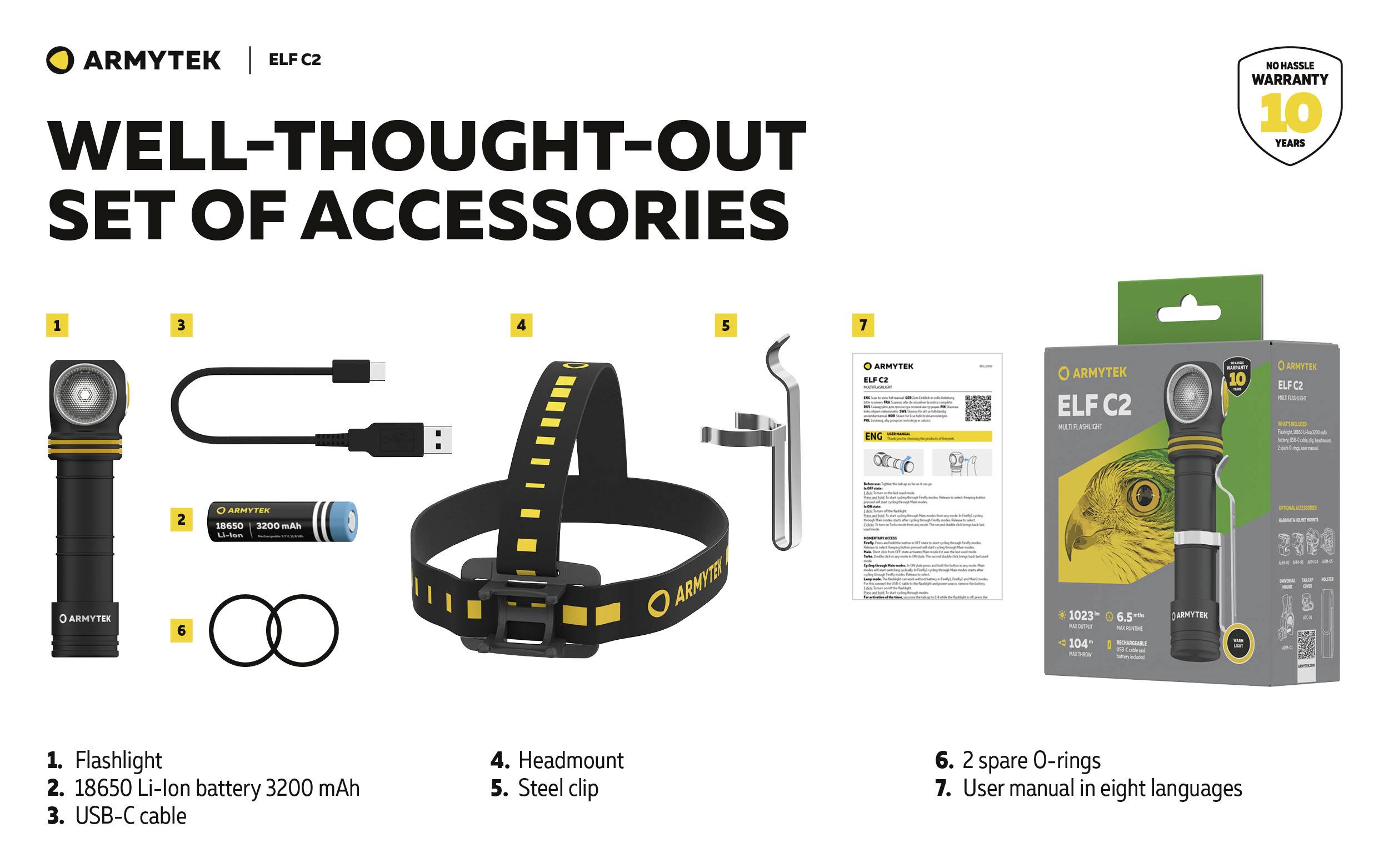 A detailed description of the Armytek ELF C2 torch accessory set, including battery, USB cable, headband, steel clip, and instruction manual.