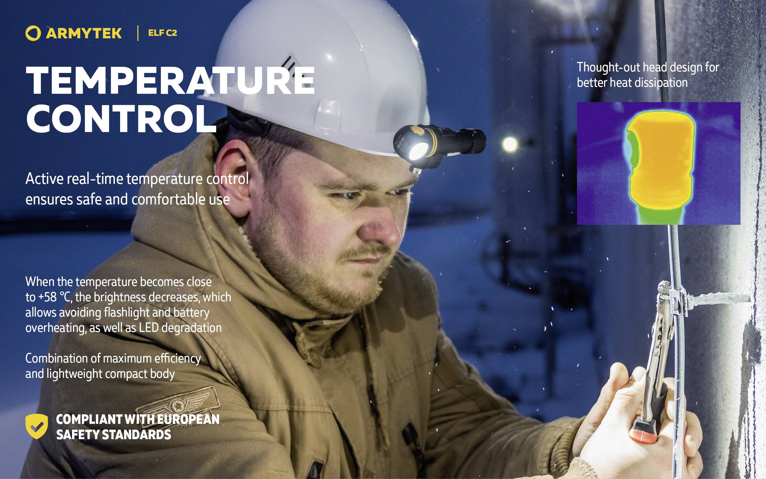 A worker checking temperature with a torch. Text provides information about efficient heat dissipation and European safety standards.