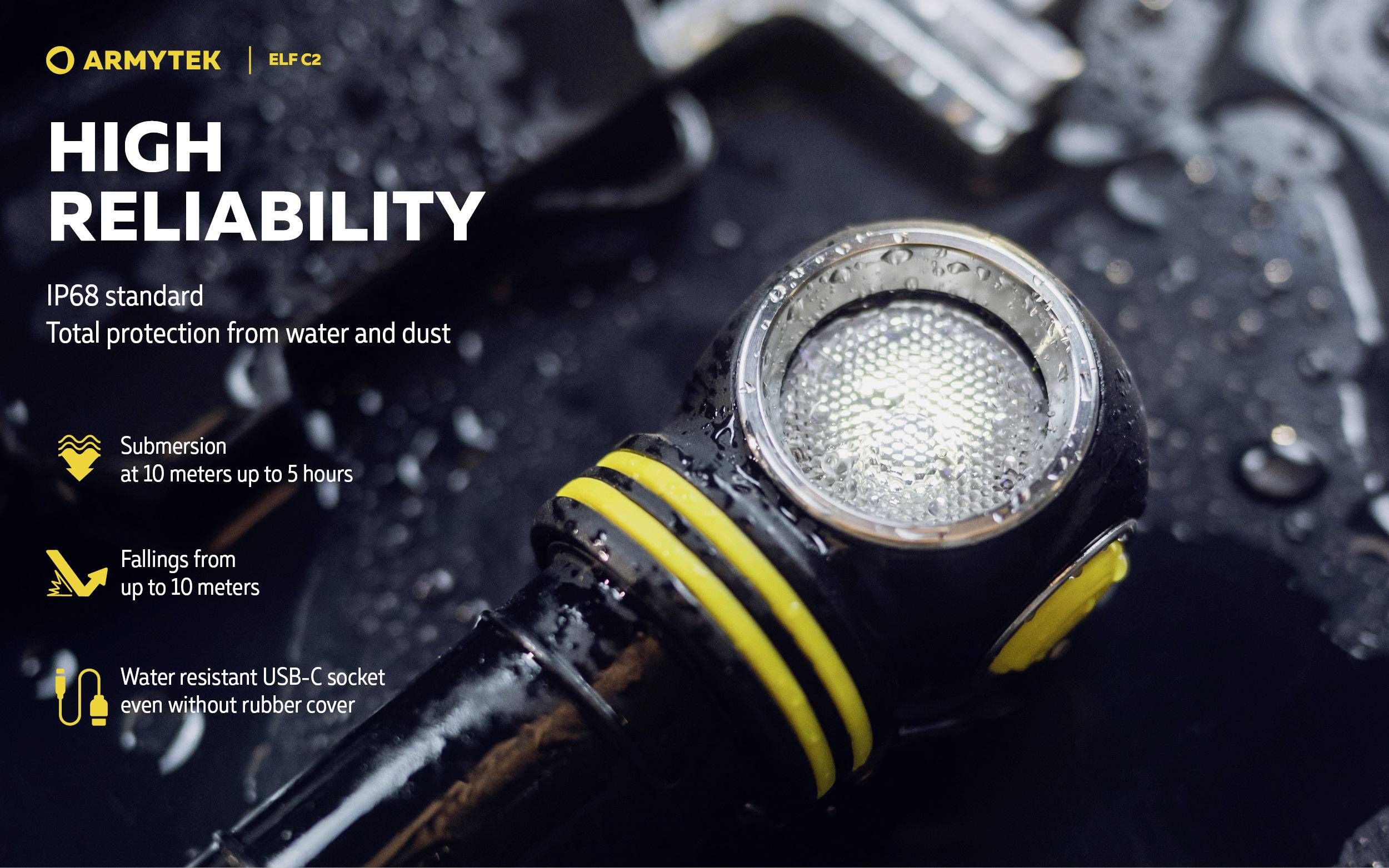 A waterproof torch lies in water droplets. Text describes its reliability: IP68 standard, submersible up to 10 metres, shock-resistant up to 10 metres.