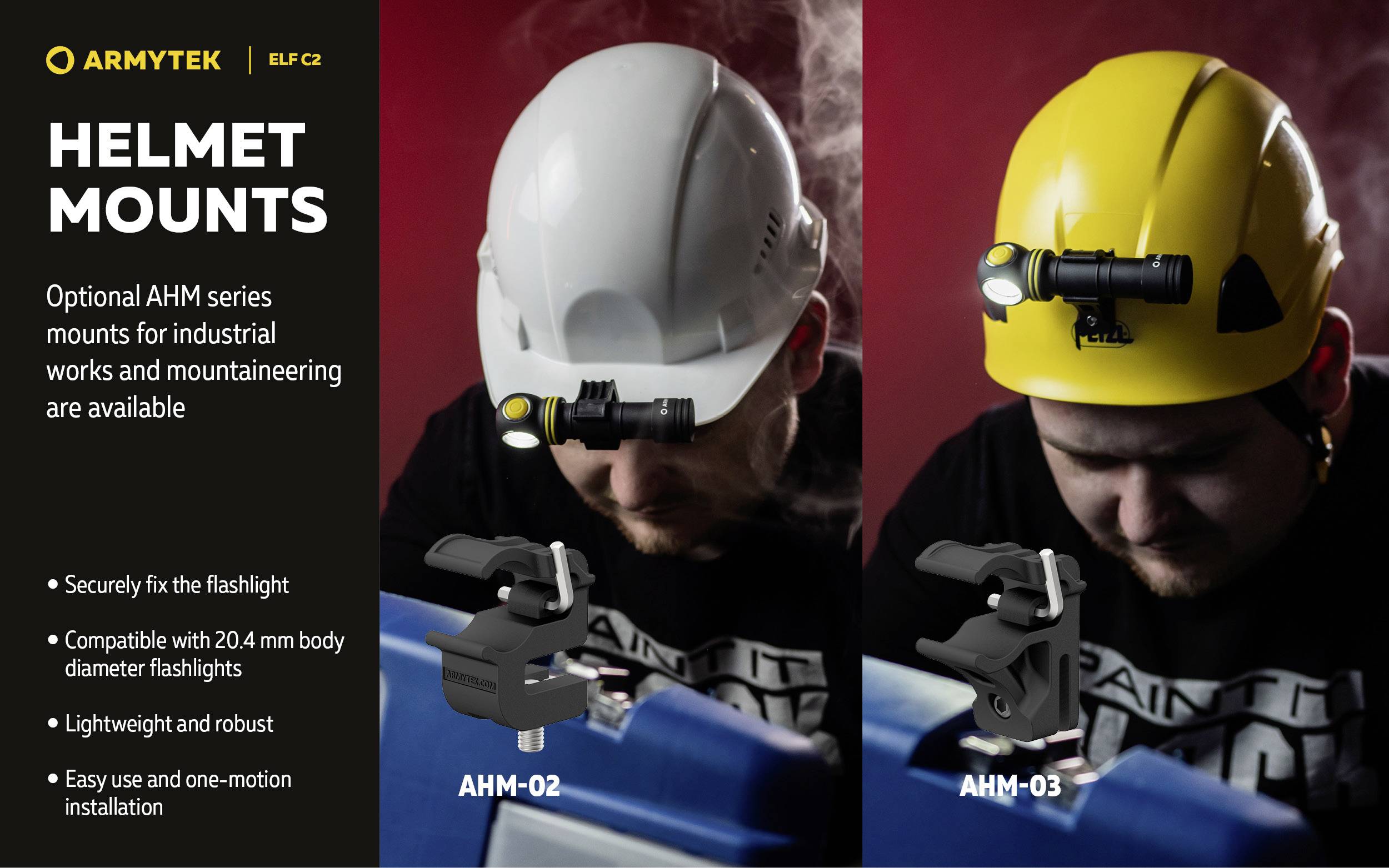'HELMET MOUNTS' advertisement shows two people wearing helmets with torch mountings. Models AHM-02 and AHM-03 for mounting work.