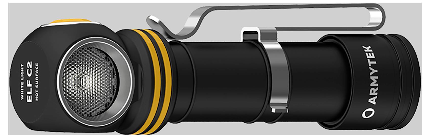 Black torch with side clip, orange stripes and silver button. 'ARMYTEK' and 'WHITE LIGHT' brand logos visible.