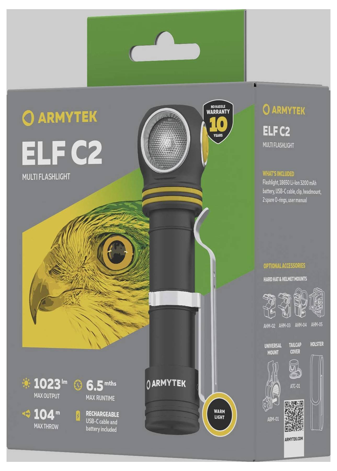 'Packaging for the Armytek ELF C2 Multifunction Torch' shows a black torch and lists specifications: 1023 lumens, 6.5 hours runtime.