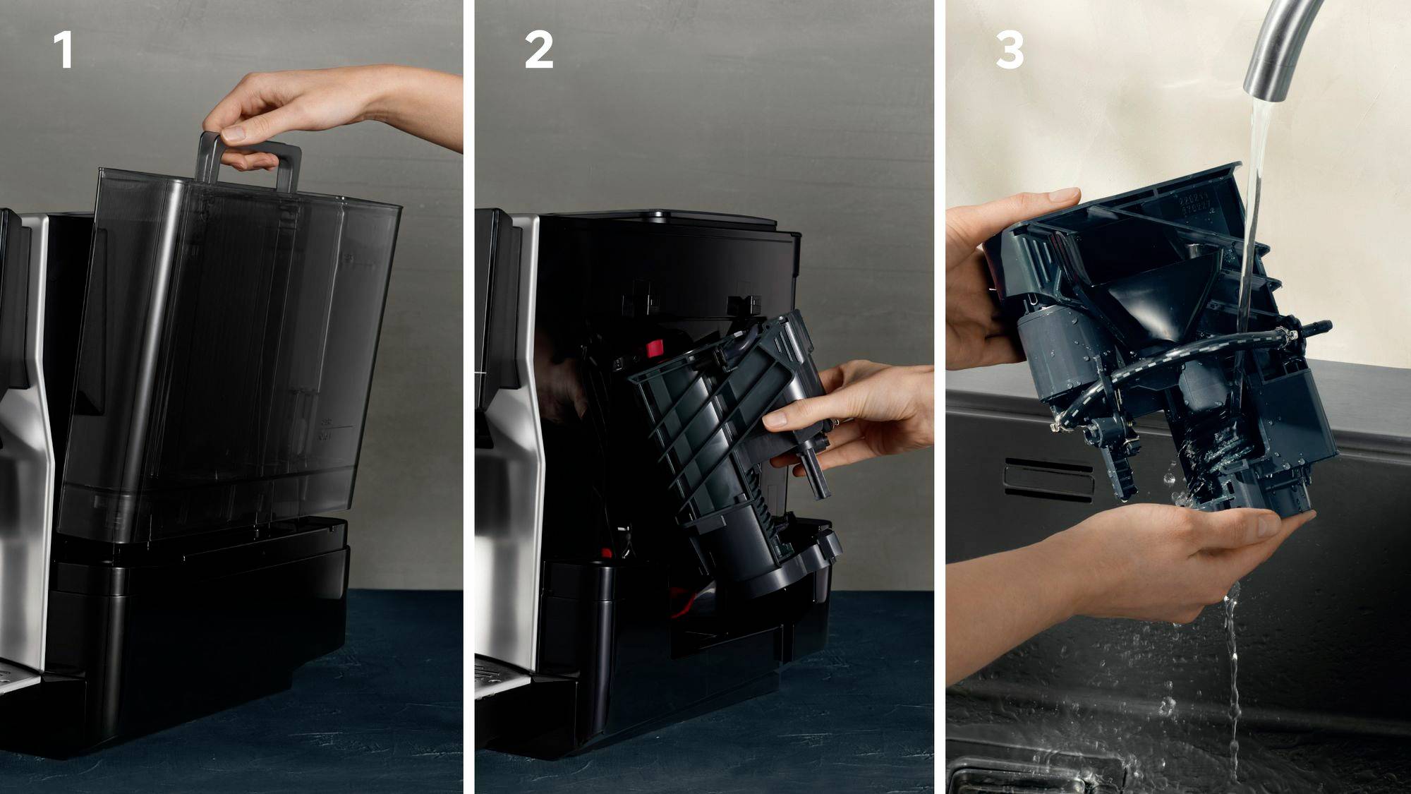 'Three-part process: 1. Remove water container, 2. Take out brewing unit, 3. Rinse brewing unit under running water.'