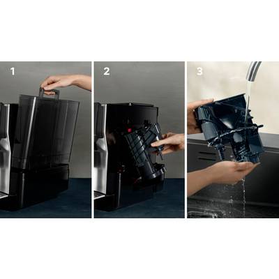 'Three-part process: 1. Remove water container, 2. Take out brewing unit, 3. Rinse brewing unit under running water.'