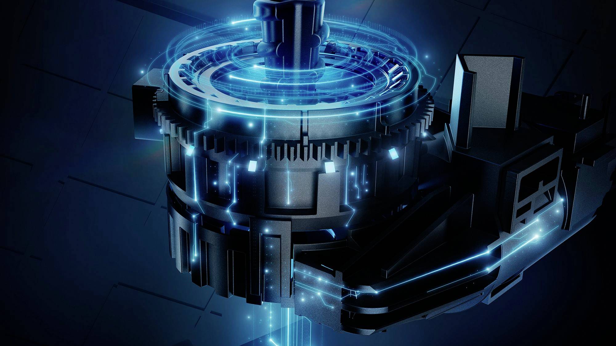 A futuristic cogwheel with digital illumination, symbolising technology and innovation, hovers against a dark background.