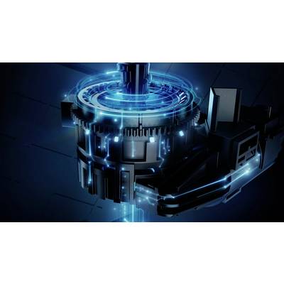 A futuristic cogwheel with digital illumination, symbolising technology and innovation, hovers against a dark background.