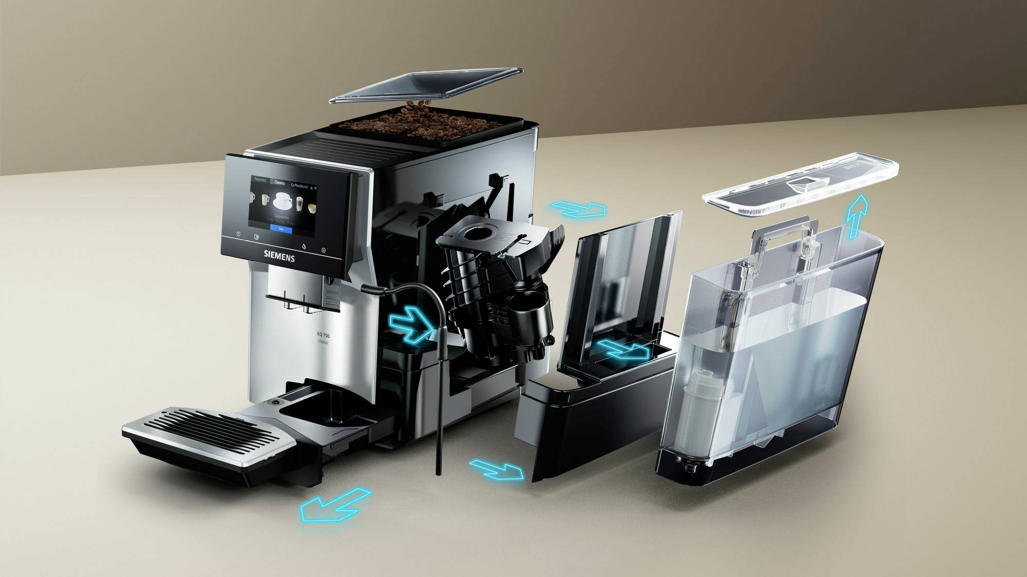 Coffee machine with visible internal parts: water tank, brewing unit, bean container. Arrows indicate removable components.