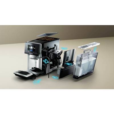 Coffee machine with visible internal parts: water tank, brewing unit, bean container. Arrows indicate removable components.