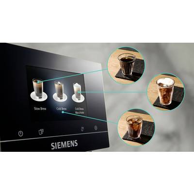 Close-up of a Siemens coffee machine display with a selection of coffee drinks: 'Slow Brew', 'Cold Brew' and 'Cold Brew Macchiato'. Drinks shown in glasses beside the display.