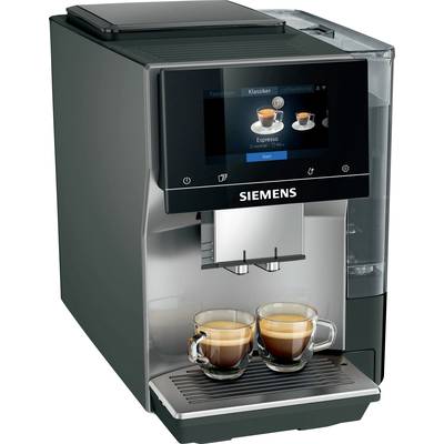 A Siemens coffee machine with two glasses underneath, displaying an espresso screen, ready to brew coffee.