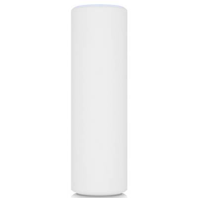 A white, cylindrical speaker with a blue light indicator on top, often used for voice control and smart home integration.