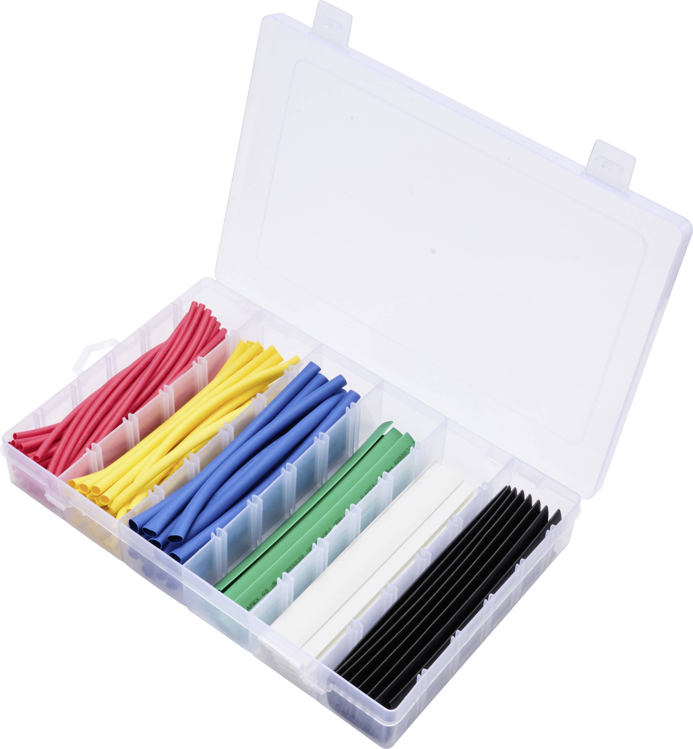 An open box containing heat-shrink tubing in red, yellow, blue, green, white and black, neatly sorted into compartments.