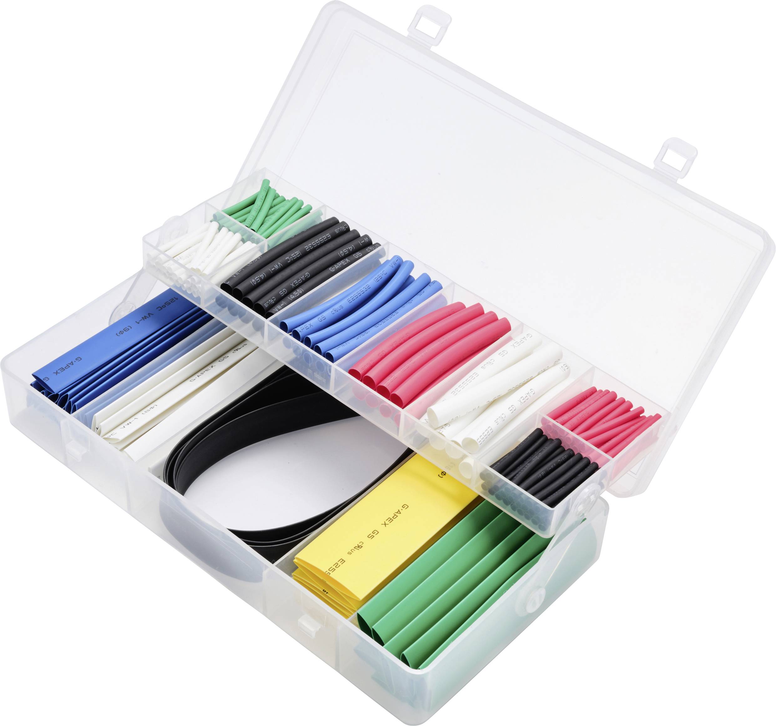 An open plastic box contains heat-shrink tubing in various sizes and colours, such as blue, red, black and yellow.