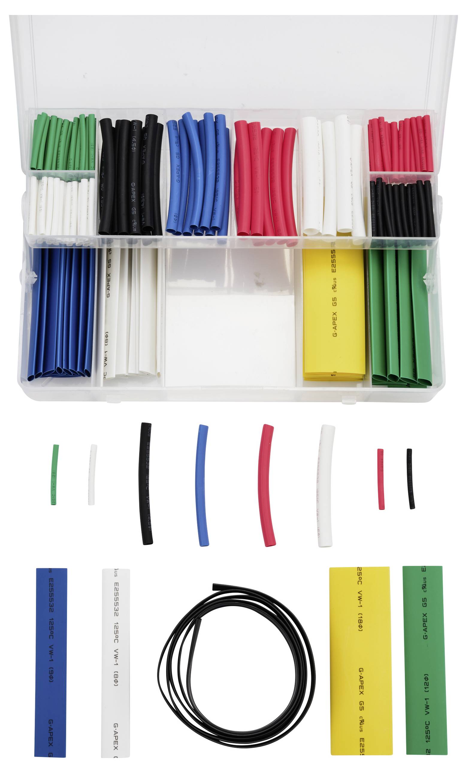 Plastic box with coloured heat-shrink tubing in various sizes and colours: Black, Blue, Red, White, Green and Yellow.