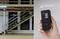 On the left, a staircase with an angle of 42.6 degrees. On the right, a hand holding a device displaying various angles.