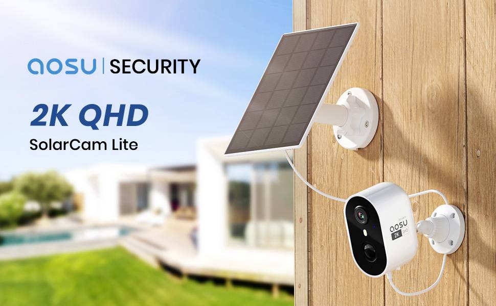 'Solar-powered surveillance camera mounted on a wooden post, with solar panel and cable, in front of a modern house in a sunny setting.'