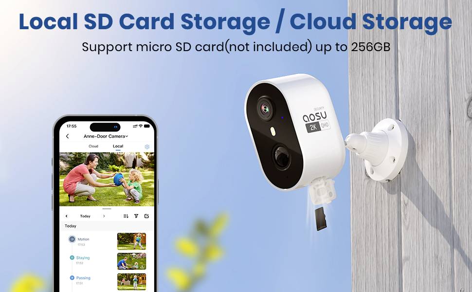 'Surveillance camera with cloud and Micro-SD storage option (up to 256GB), displaying a live feed on a smartphone app.'