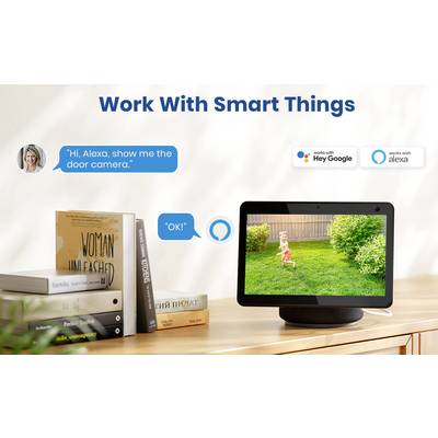 An intelligent speaker displays 'OK!' on the screen. Text: 'Hi, Alexa, show me the door camera.' Symbols for Google and Alexa.