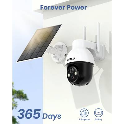 Security camera with solar panel mounted on a wall, promising year-round operation. Symbols for solar installation and battery are visible.